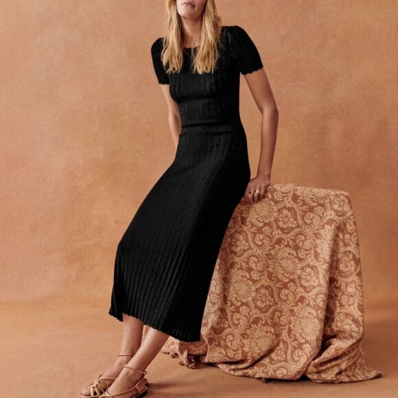 BEST Sezane Joey Midi Dress Small Black Noir French Knit Classic Low Back - Picture 2 of 10